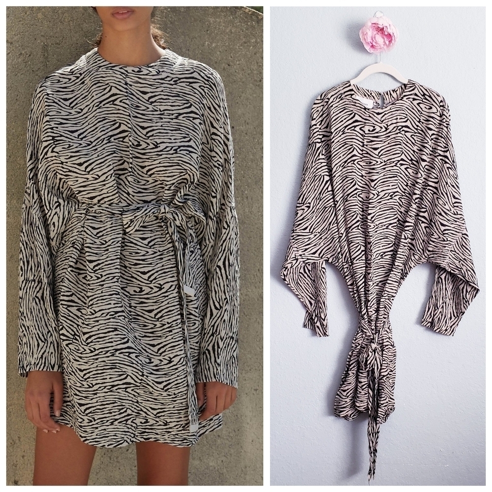 Nanushka Hierro Zebra Print Dolman Long Sleeve Mini Dress With Waist Belt
